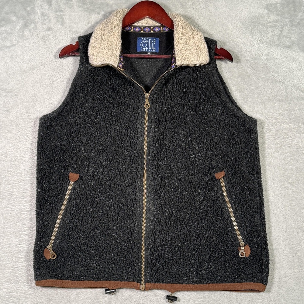Alf Kuhl Vest Mens M Black Sherpa Fleece Full Zip Lined Made USA Outdoor Hiking